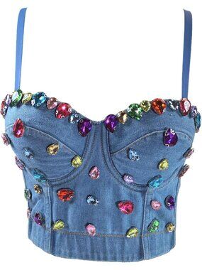 Women's Blue Bustier Crop Top Mesh Corset Top Push up Rhinestone Diamond Bra